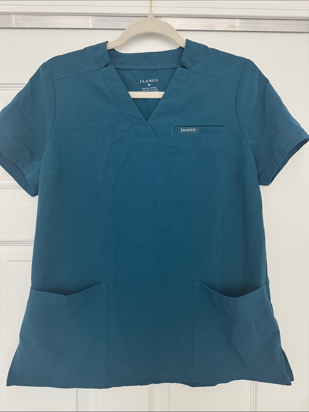 Jaanuu Women's V-Neck Scrub Top in Caribbean Blue